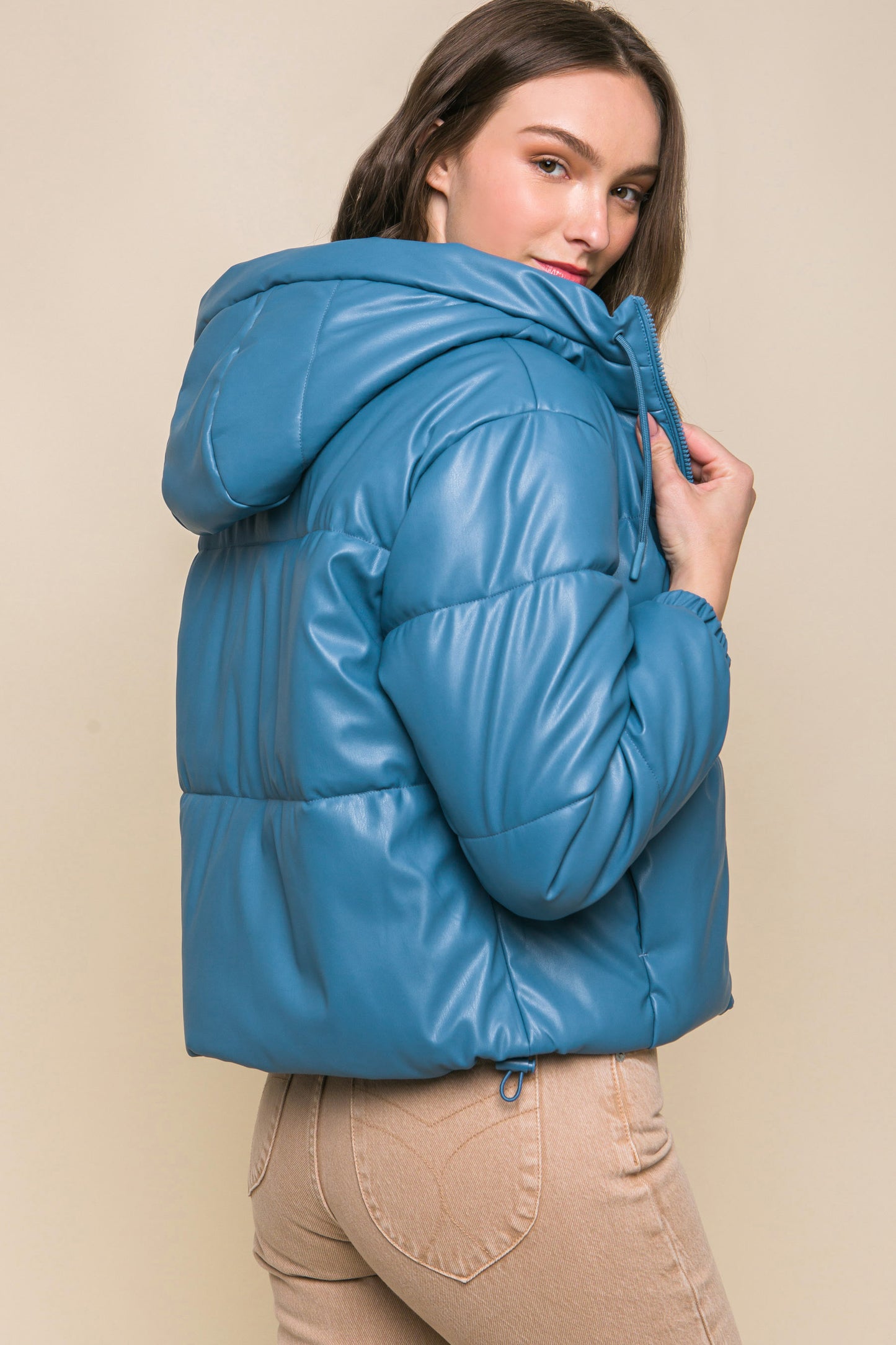 Blue Pu Faux Leather Zipper Hooded Puffer Jacket