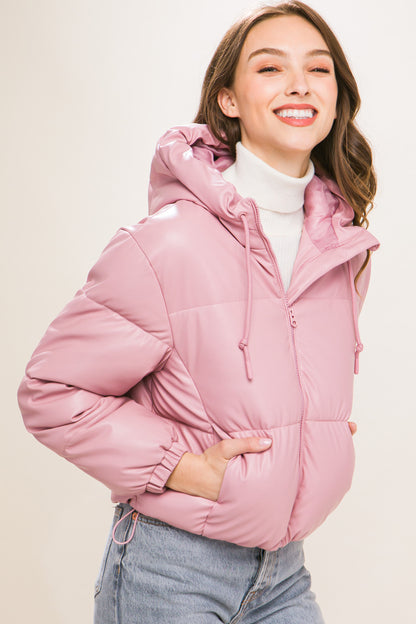 Pink Pu Faux Leather Zipper Hooded Puffer Jacket