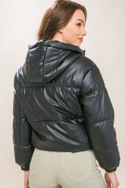 Black Pu Faux Leather Zipper Hooded Puffer Jacket