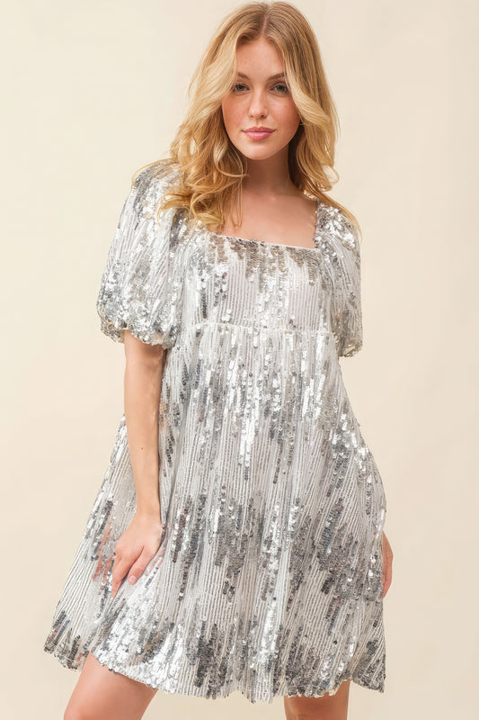 Silver Sequined Squared Collar Babydoll Mini Cocktail Dress