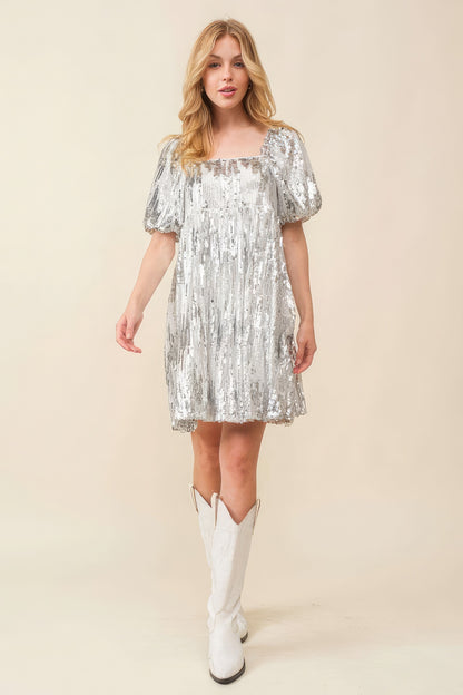 Silver Sequined Squared Collar Babydoll Mini Cocktail Dress