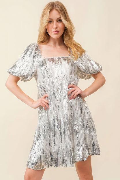 Silver Sequined Squared Collar Babydoll Mini Cocktail Dress