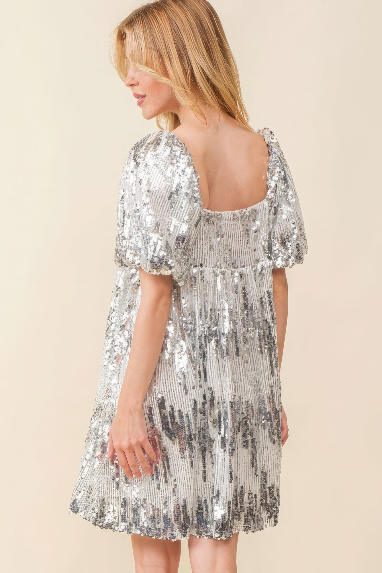 Silver Sequined Squared Collar Babydoll Mini Cocktail Dress