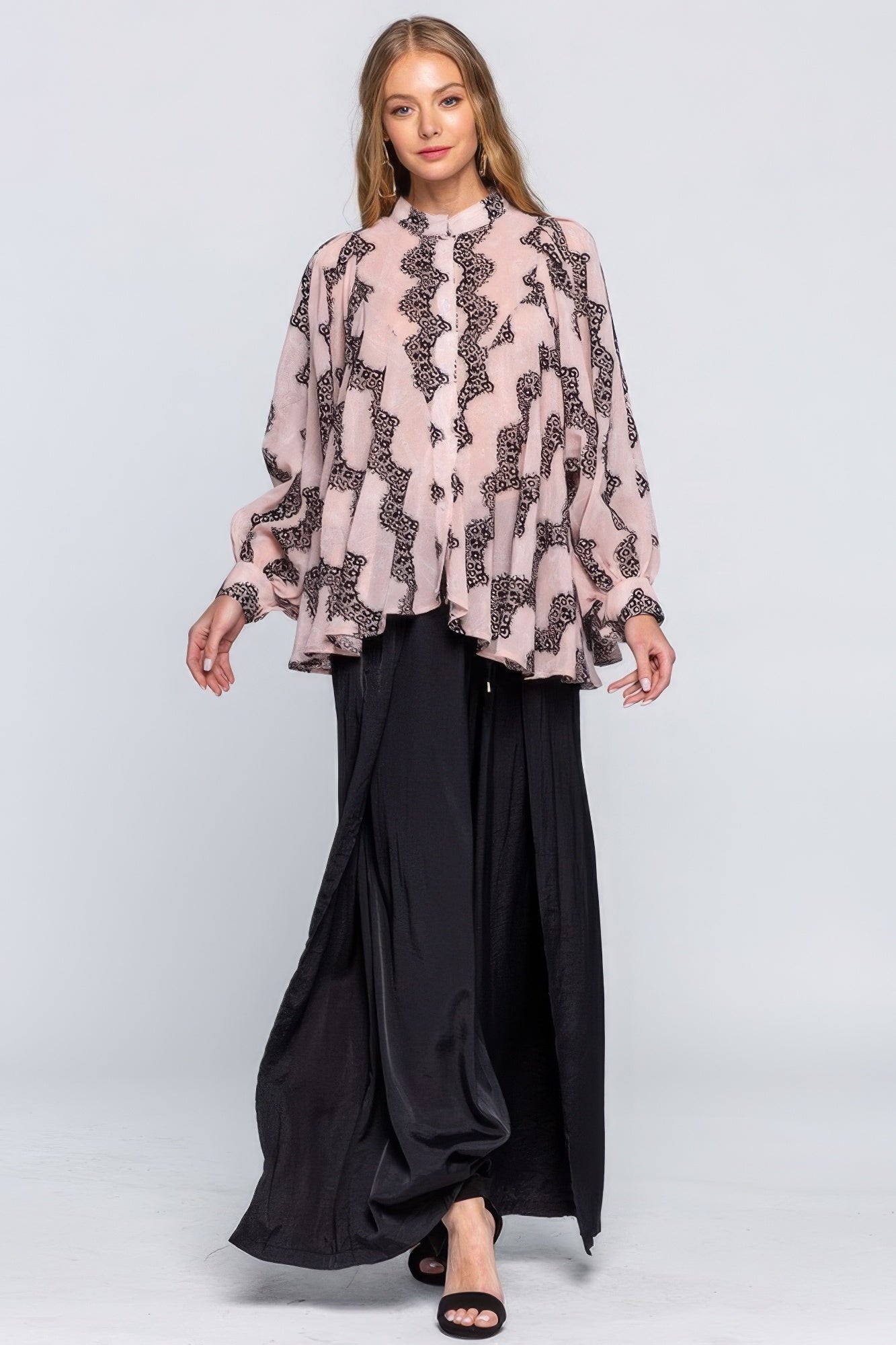 Printed See-Through Blouse With Lace Detail