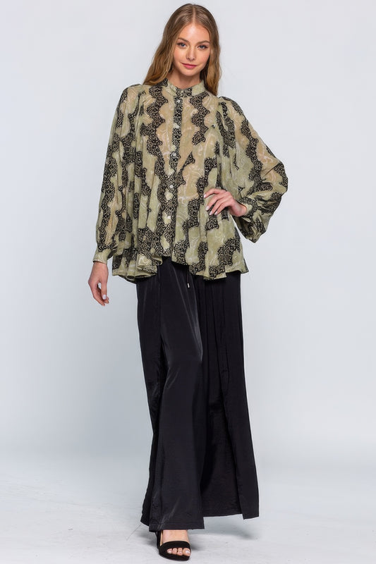 Printed See-Through Blouse With Lace Detail