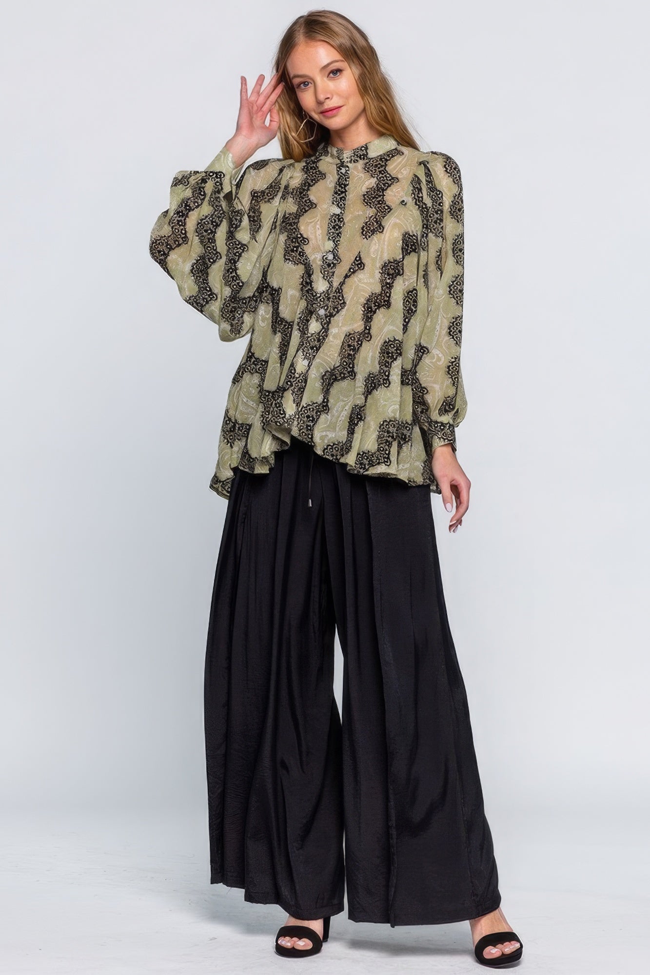 Printed See-Through Blouse With Lace Detail