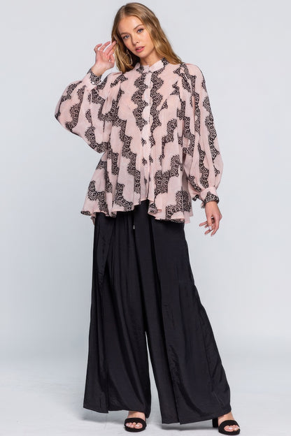 Printed See-Through Blouse With Lace Detail