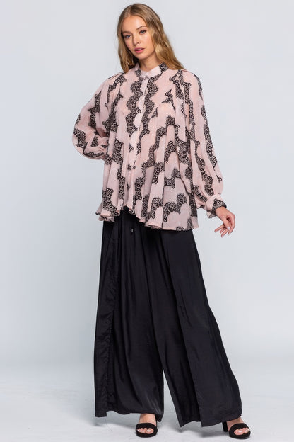 Printed See-Through Blouse With Lace Detail