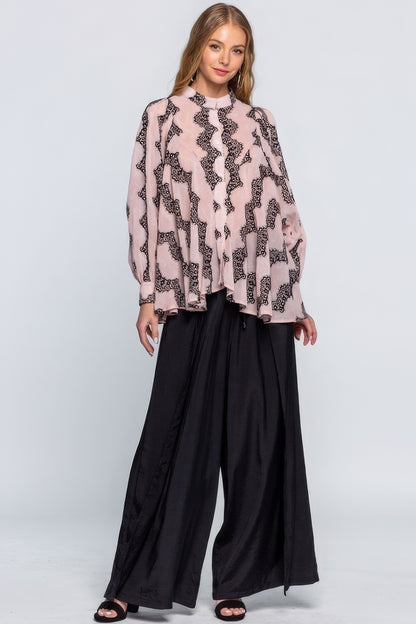 Printed See-Through Blouse With Lace Detail