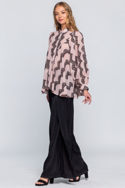 Printed See-Through Blouse With Lace Detail