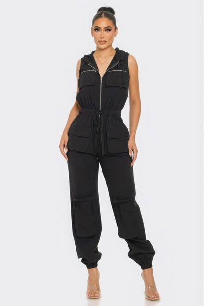 Zip-up Sleeveless Hooded Cargo Jumpsuit