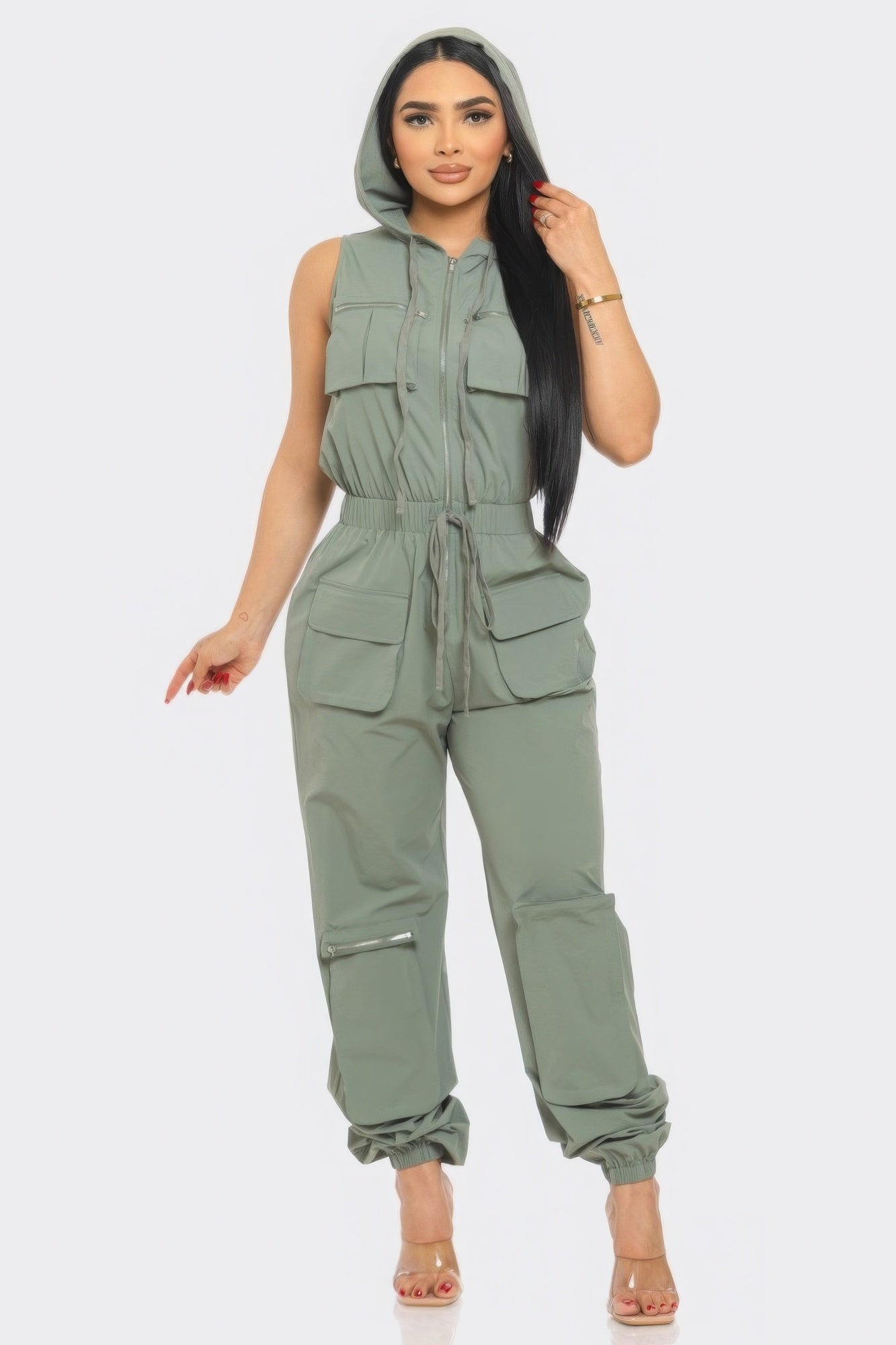 Zip-up Sleeveless Hooded Cargo Jumpsuit