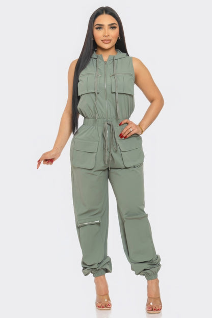 Zip-up Sleeveless Hooded Cargo Jumpsuit