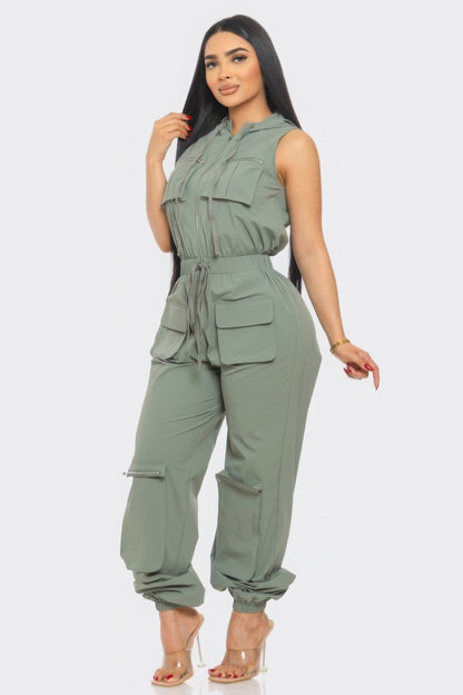 Zip-up Sleeveless Hooded Cargo Jumpsuit