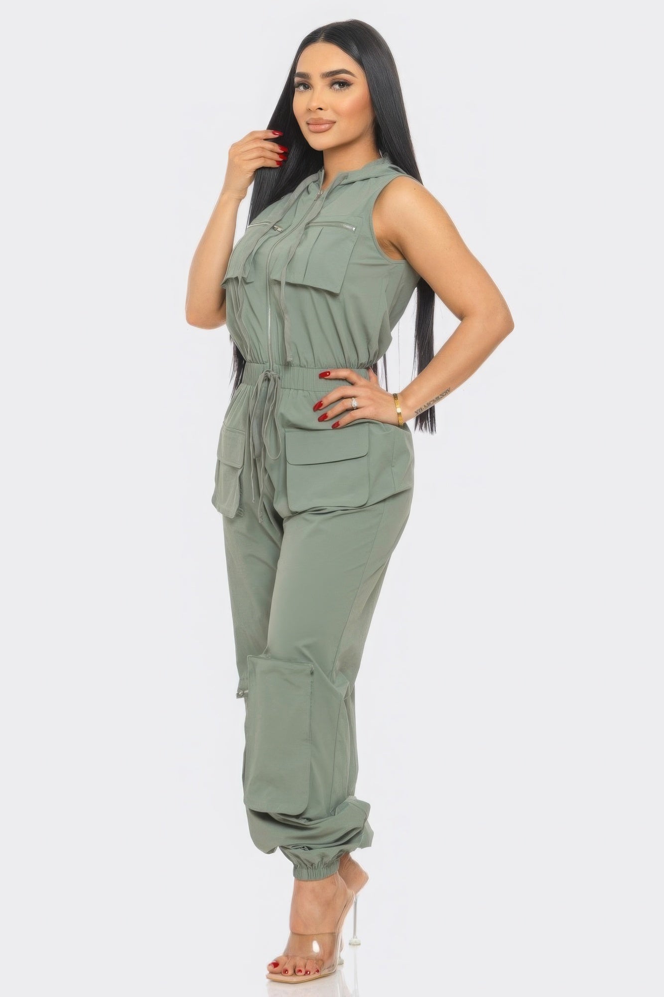 Zip-up Sleeveless Hooded Cargo Jumpsuit