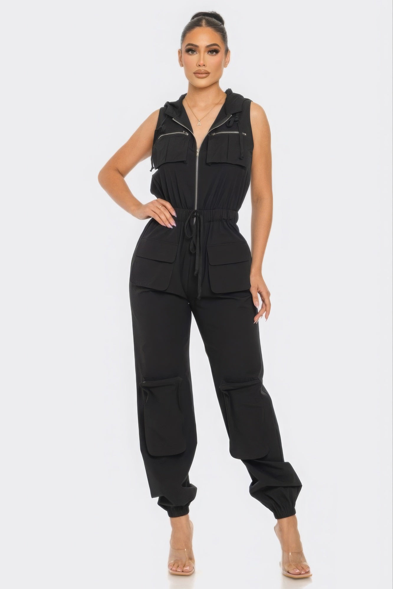 Zip-up Sleeveless Hooded Cargo Jumpsuit