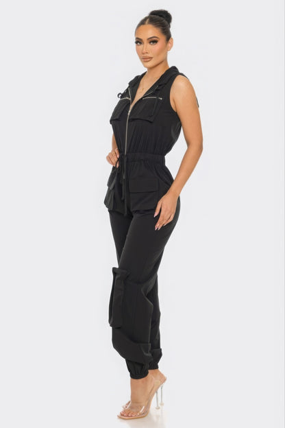 Zip-up Sleeveless Hooded Cargo Jumpsuit