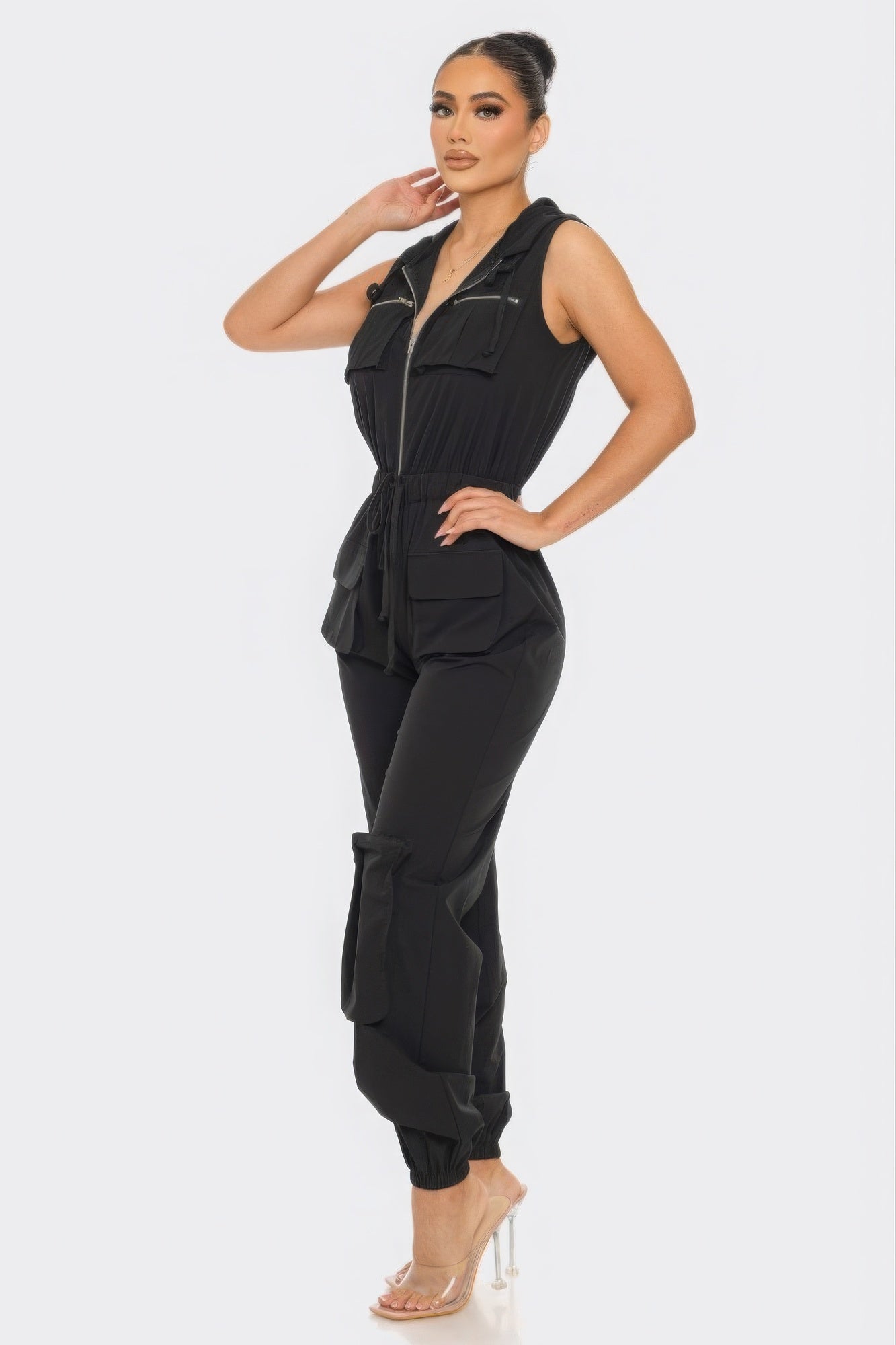 Zip-up Sleeveless Hooded Cargo Jumpsuit