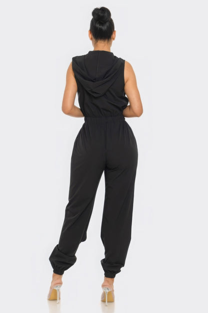 Zip-up Sleeveless Hooded Cargo Jumpsuit