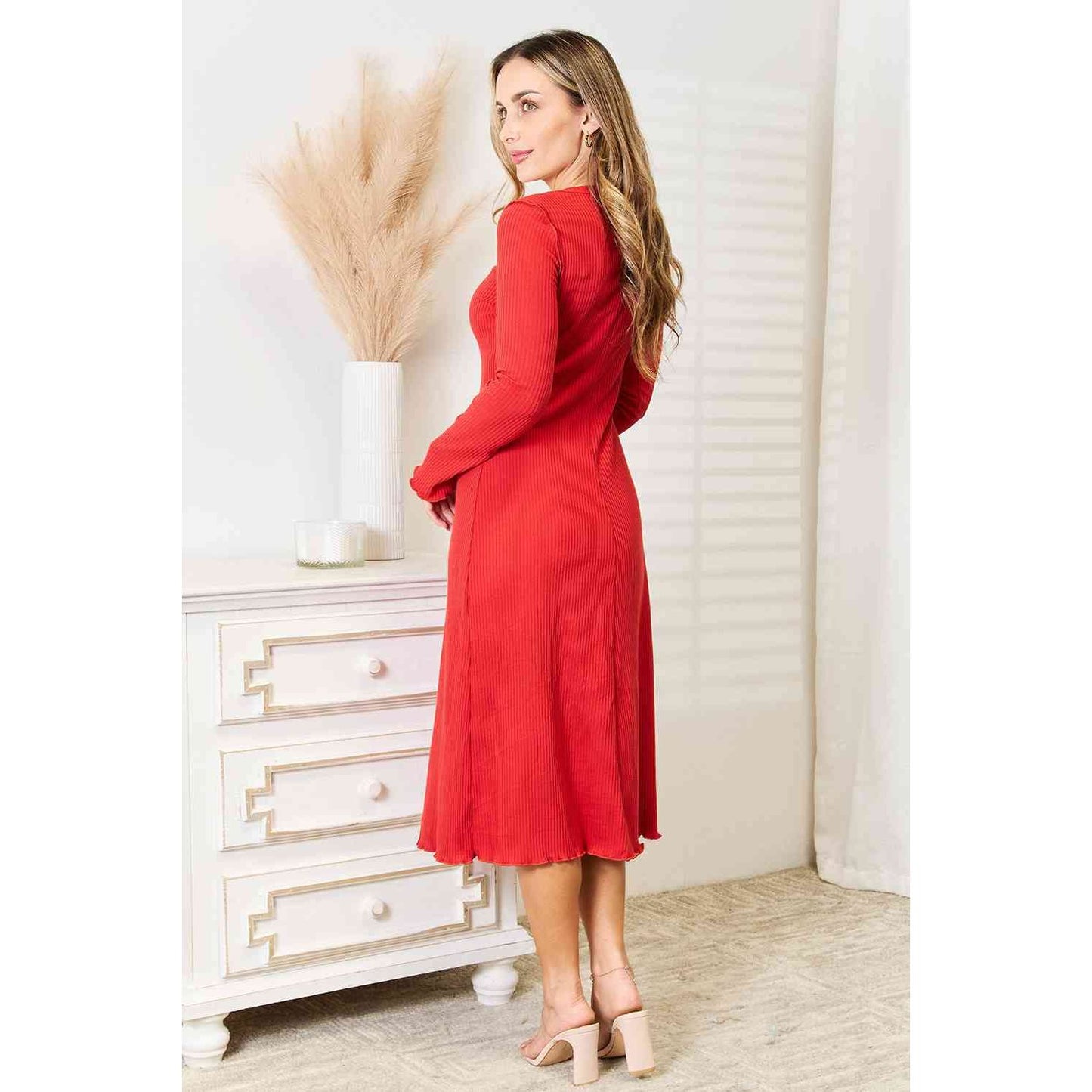 CULTURE CODE Red Full Size Round Neck Long Sleeve Dress