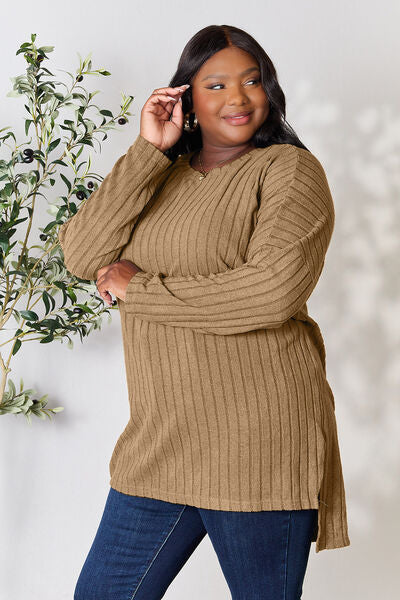 BASIC BAE Full Size Ribbed Round Neck Long Sleeve Slit Top/ S-3XL