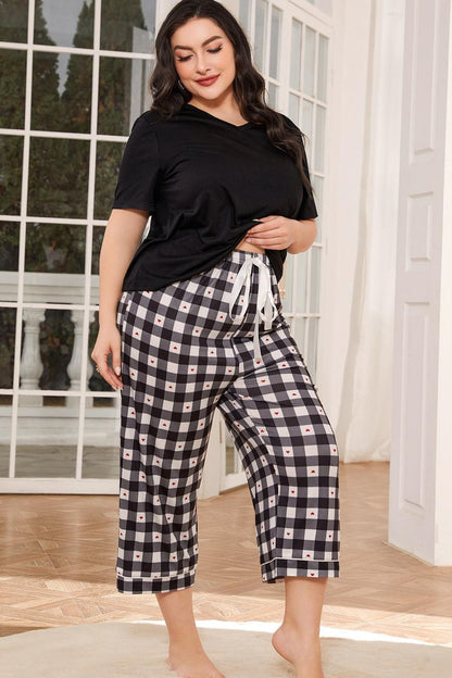 Plus-size V-Neck Tee and Plaid Cropped Pants Lounge Set