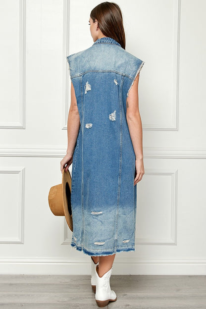 VEVERET Full Size Distressed Sleeveless Longline Denim Jacket