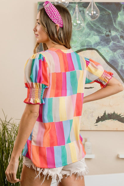 BiBi Multivivid Color Block Smocked Short Sleeve Blouse