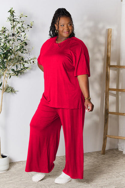 DOUBLE TAKE Full Size Round Neck Slit Top and Wide-leg Pants Lounge Set