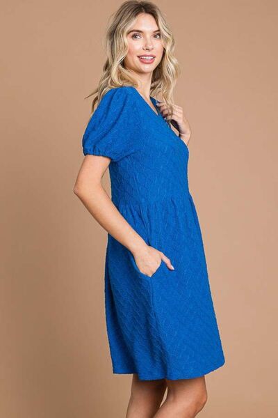 CULTURE CODE Texture Azula-blue Round Neck Short Sleeve Dress with Pockets