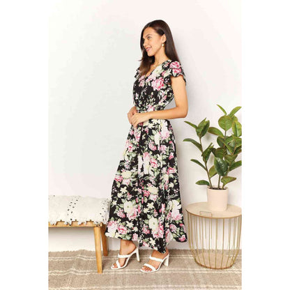 DOUBLE TAKE Floral Flutter Sleeve Tie-Waist Split Dress