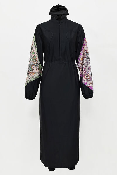 Black Cap, Drawstring Printed Long Sleeve Dress and Pants Modest Swim Set