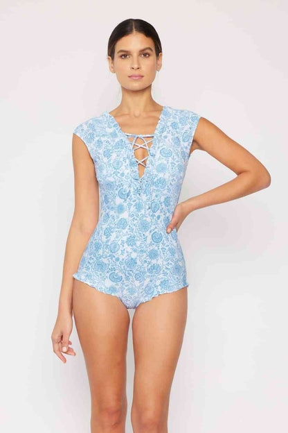 MARINA WEST Swim Bring Me Flowers V-Neck One Piece Swimsuit In Thistle Blue