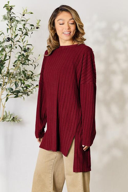 BASIC BAE Full Size Ribbed Round Neck Long Sleeve Slit Top/ S-3XL