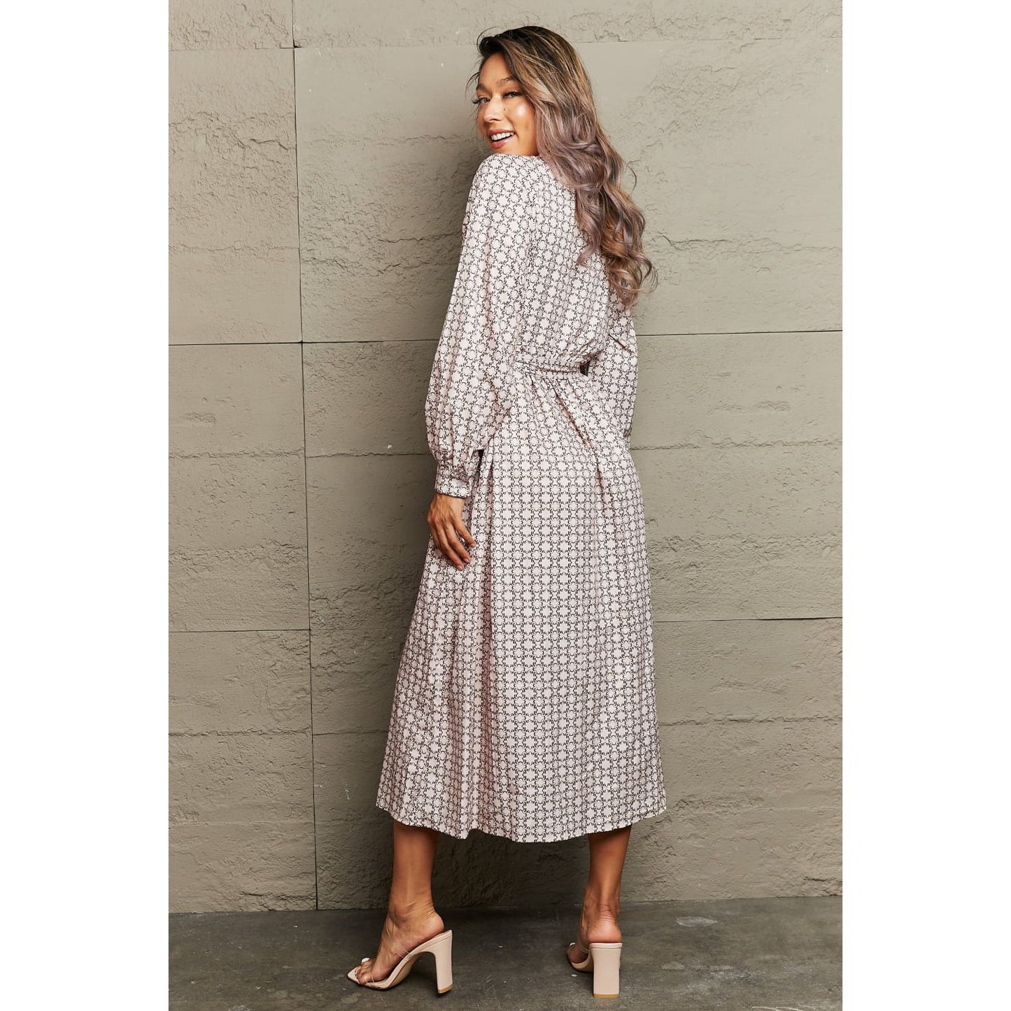 Printed Tie Waist Long Sleeve Dress