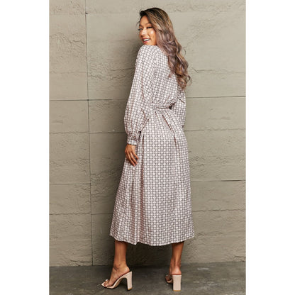 Printed Tie Waist Long Sleeve Dress