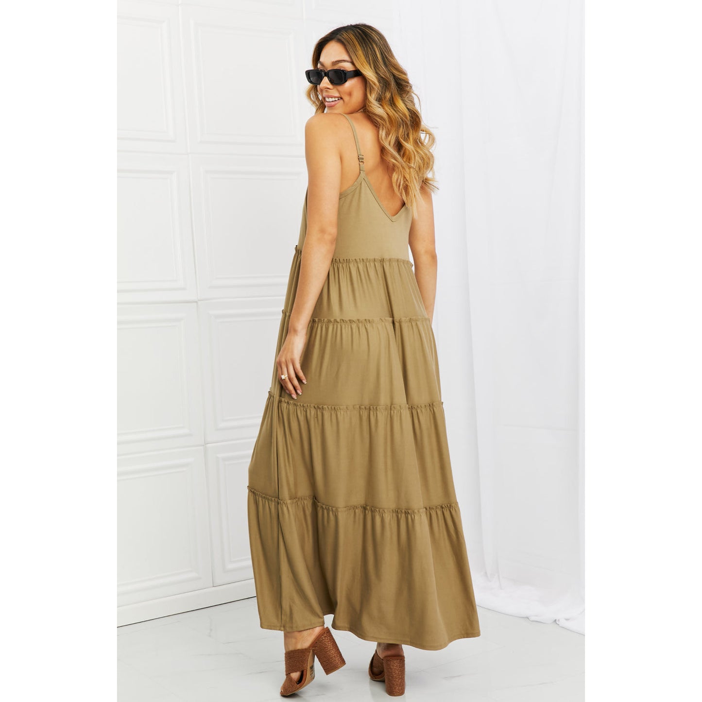 ZENANA Full Size Spaghetti Strap Tiered Dress with Pockets in Khaki