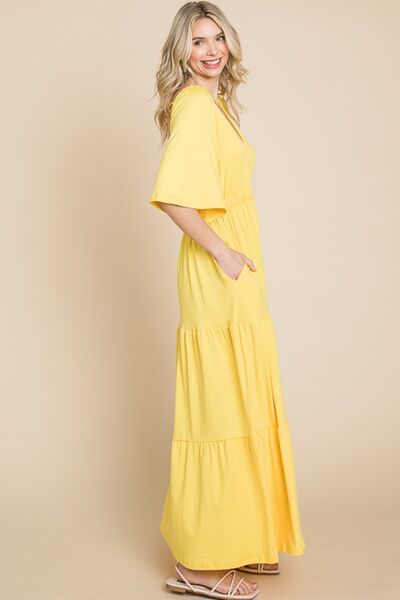 CULTURE CODE Lemonade Backless Plunge Half Sleeve Tiered Dress