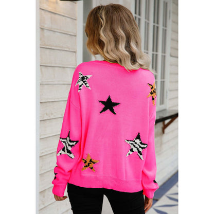 Star Pattern Round Neck Dropped Shoulder Sweater