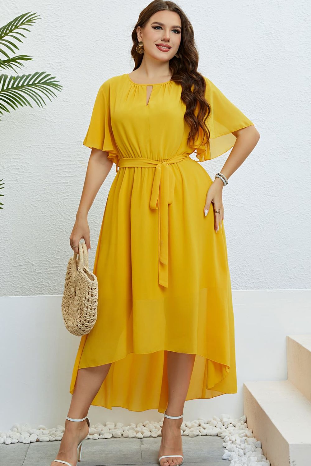 Plus-size Mustard Belted Flutter Sleeve High-Low Dress