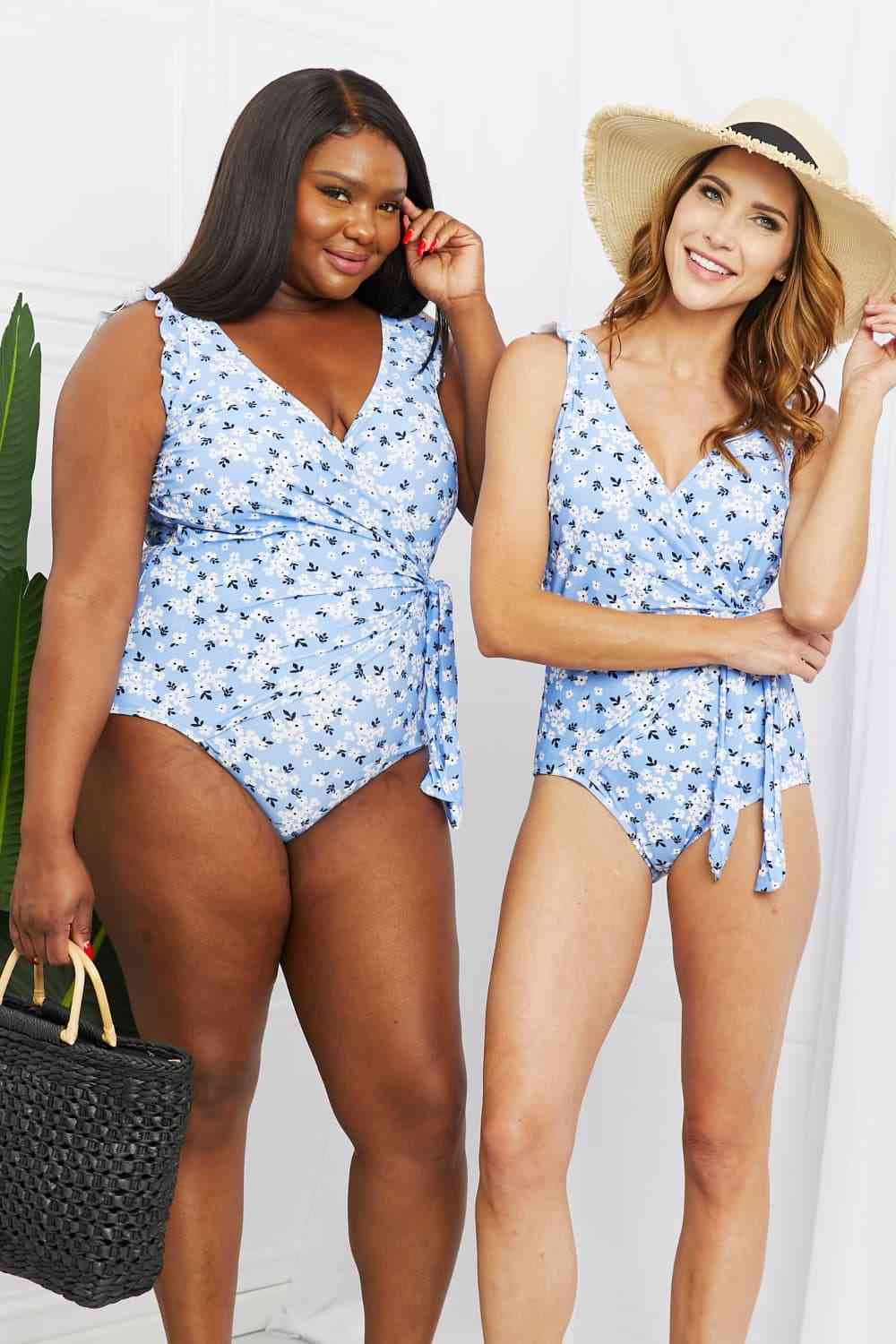 MARINA WEST SWIM Full Size Float On Ruffle Faux Wrap One-Piece in Blossom Blue