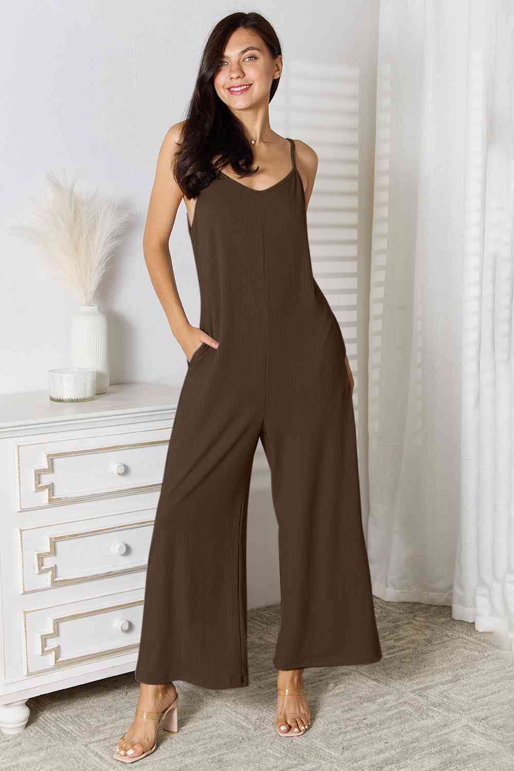 BASIC BAE Full Size Spaghetti Strap V-Neck Jumpsuit