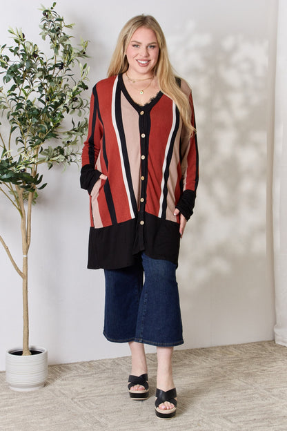 CELESTE Full Size Striped Button Up Long Sleeve Cardigan