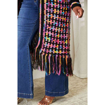 DOUBLE TAKE Full Size Multicolored Open Front Fringe Hem Cardigan