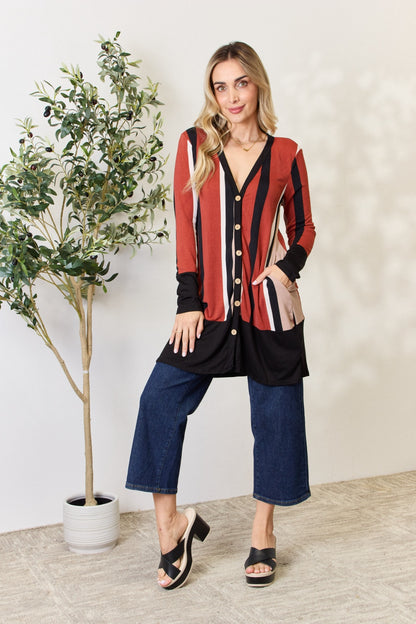 CELESTE Full Size Striped Button Up Long Sleeve Cardigan