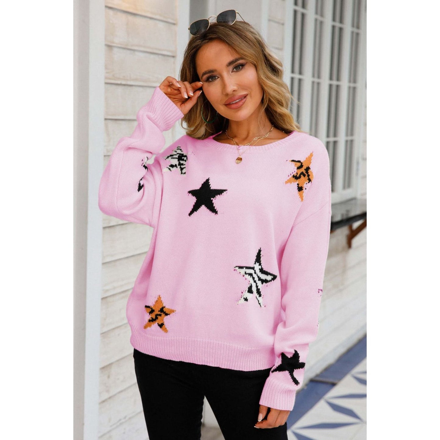 Star Pattern Round Neck Dropped Shoulder Sweater