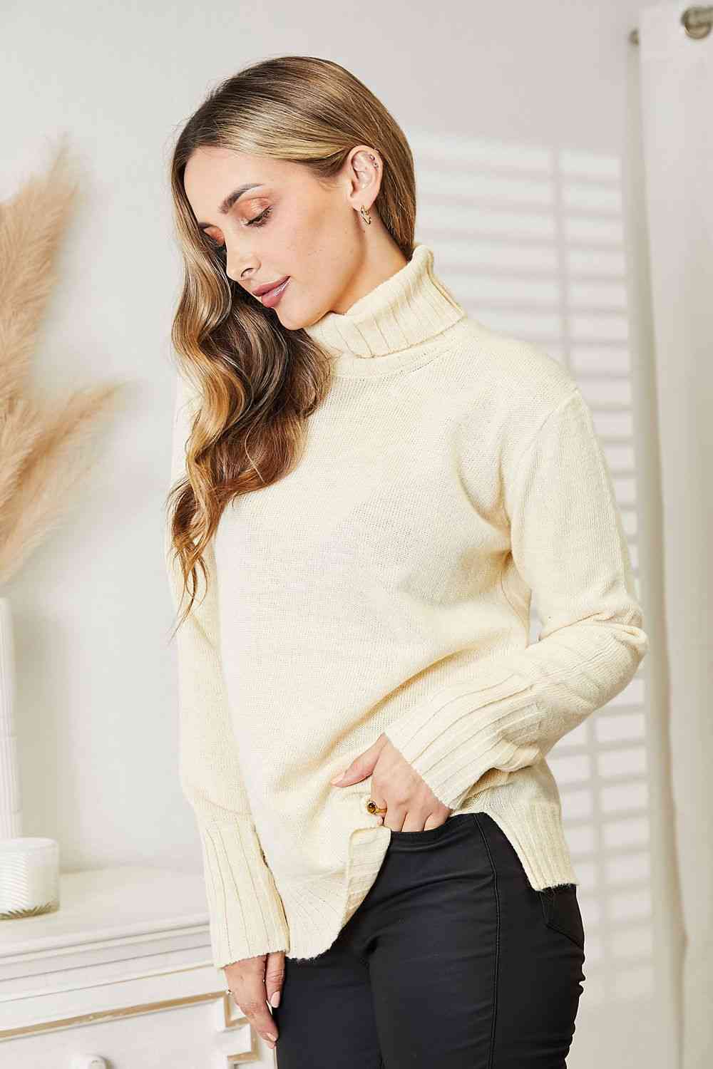 HEIMISH Full Size Long Sleeve Turtleneck Sweater with Side Slit