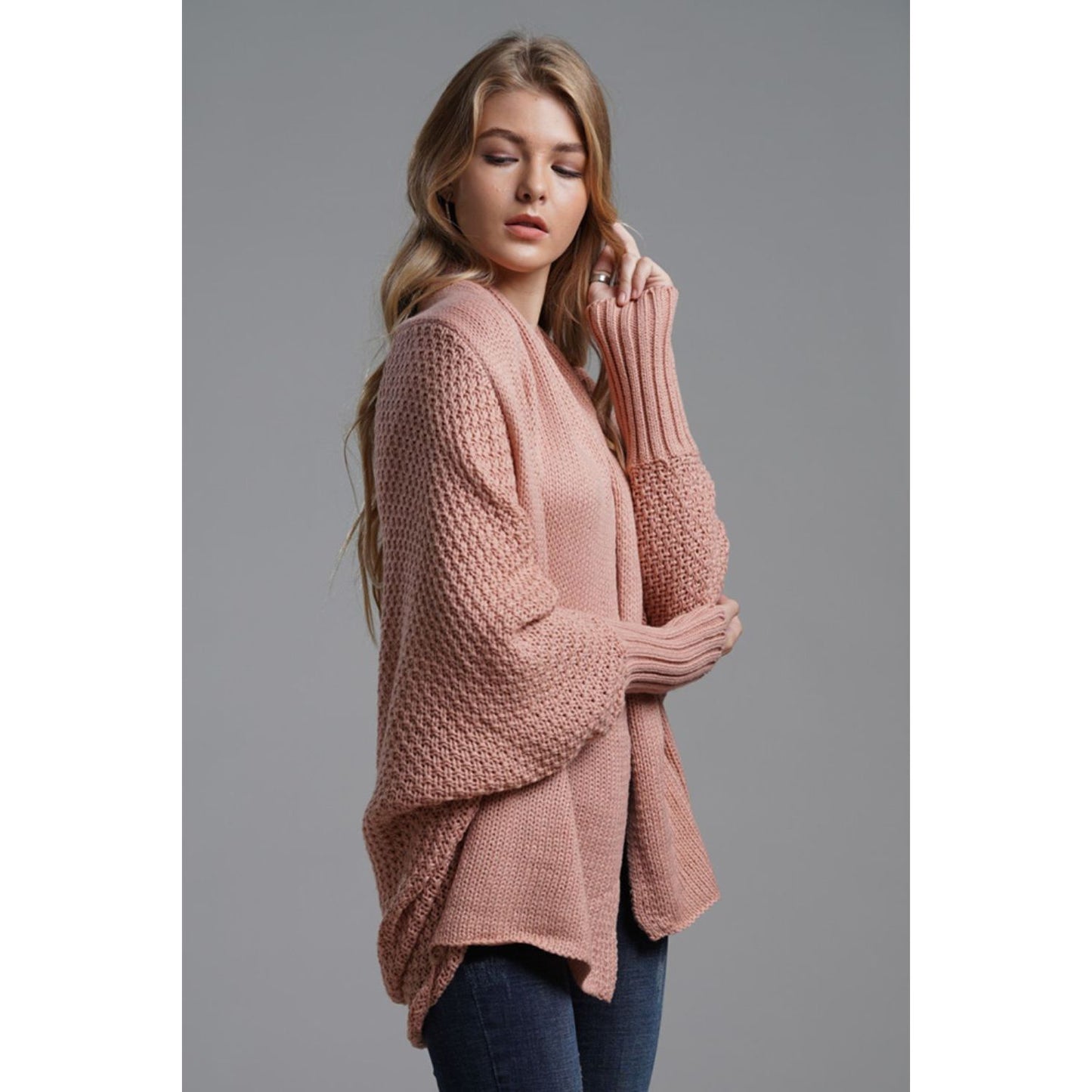 DOUBLE TAKE  Dolman Sleeve Open Front Ribbed Trim Longline Cardigan