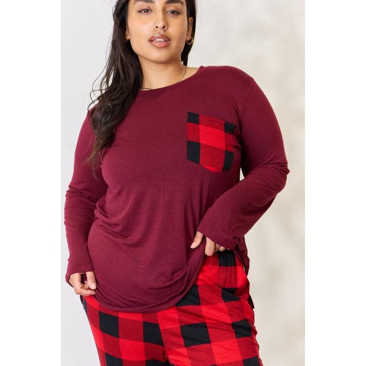 ZENANA Full Size Plaid Round Neck Top and Pants Pajama Set