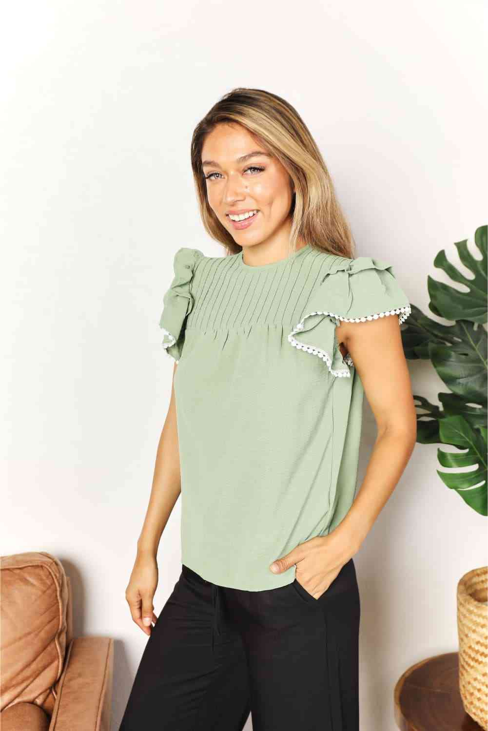 DOUBLE TAKE Pleated Detail Flutter Sleeve Blouse